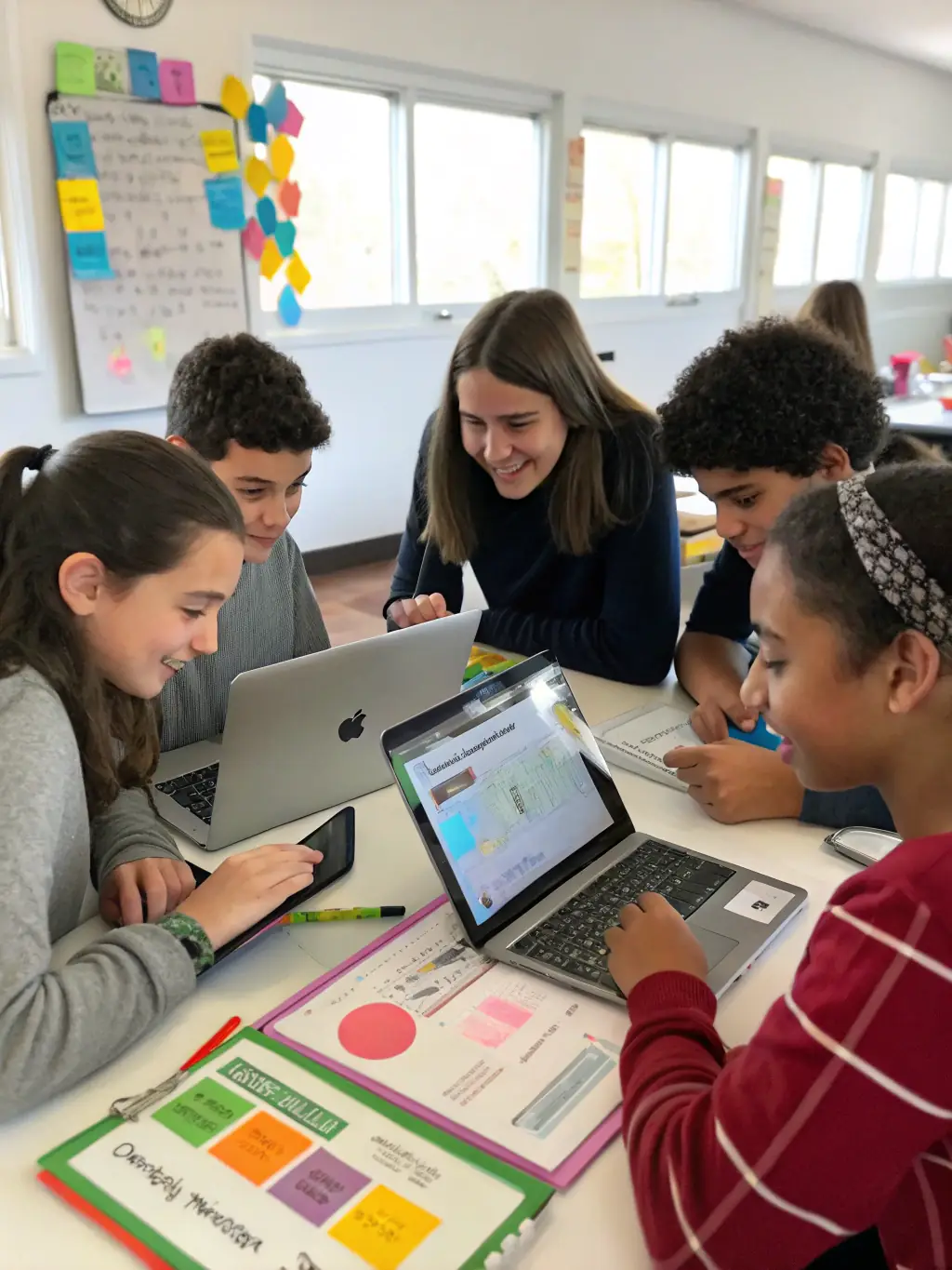 A group of students collaborating on an app development project, showcasing teamwork and practical application of skills at ProgramLearnUK.