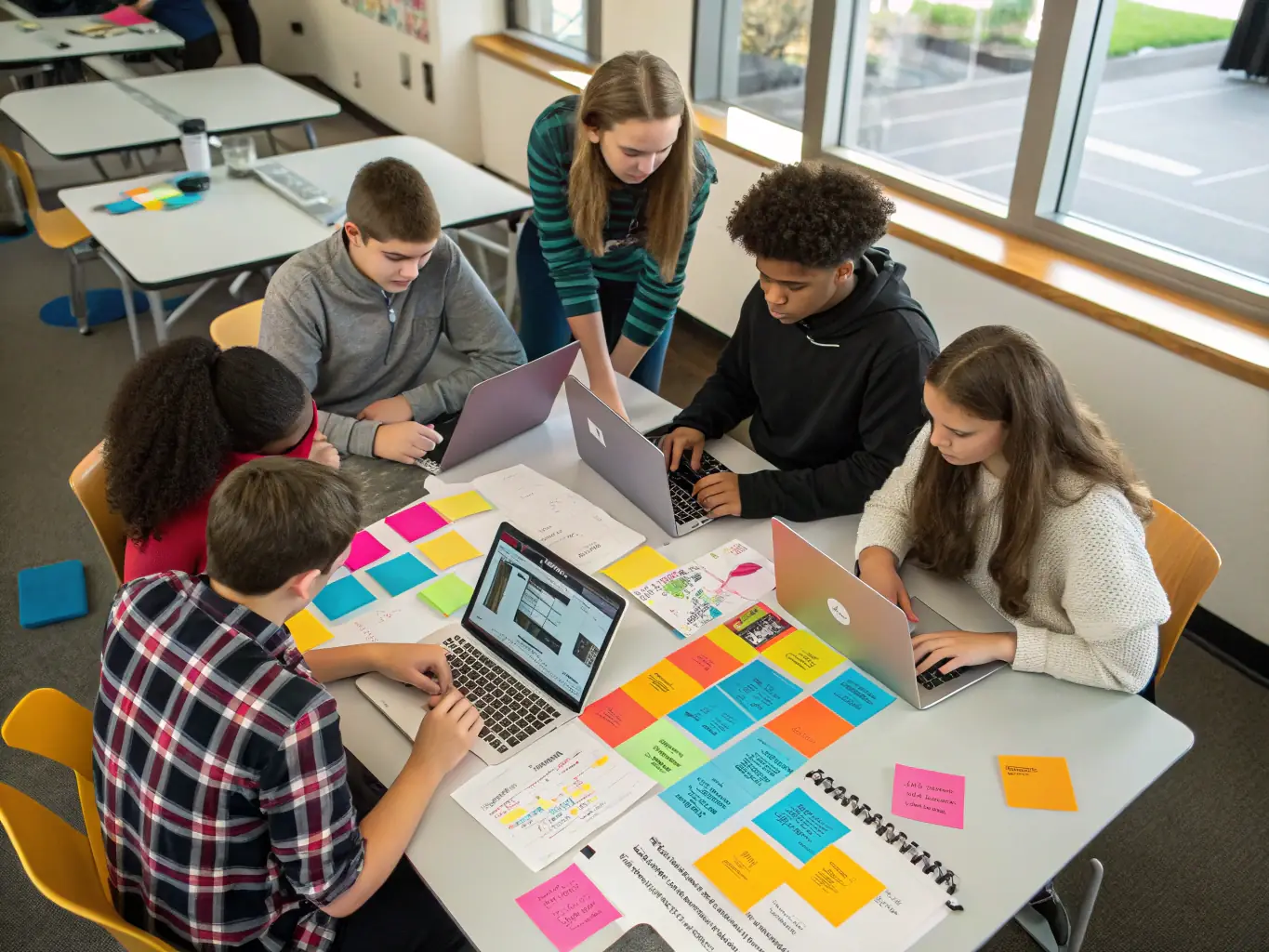 A group of students are collaborating on a mobile app project, using tablets and laptops, in a bright and collaborative workspace at ProgramLearnUK.