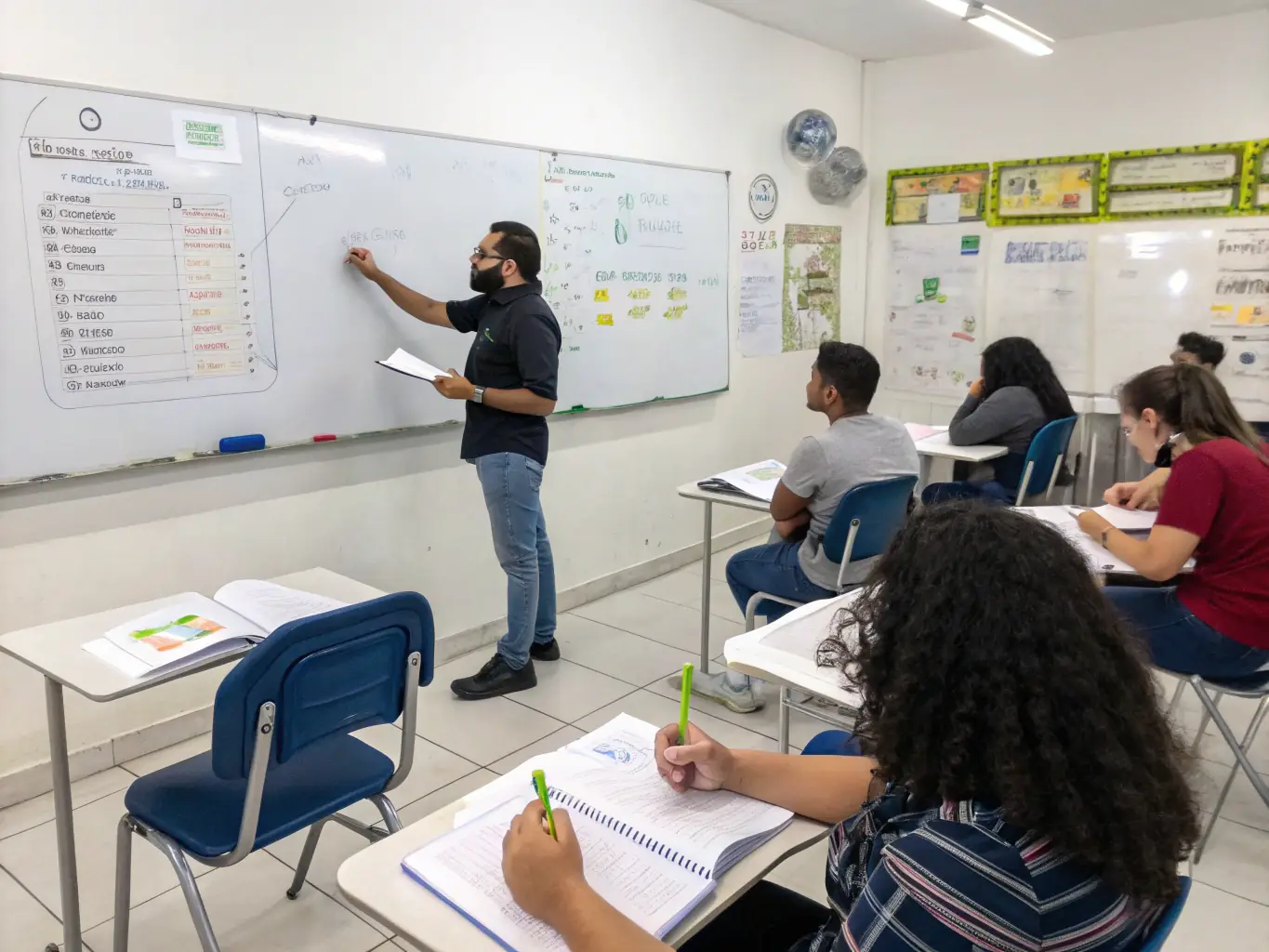 An instructor is explaining a complex coding concept on a whiteboard to a class of attentive students at ProgramLearnUK.