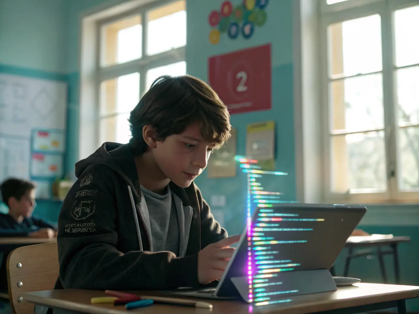 A student is coding at a desk, surrounded by multiple monitors displaying lines of code, in a modern classroom setting at ProgramLearnUK.